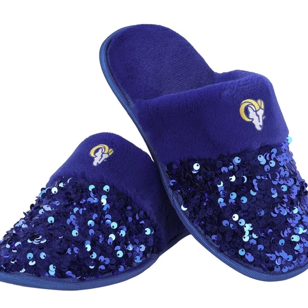 NWT- FOCO Women’s NFL Team Logo Ladies Sequin Fashion Slippers, LA Rams